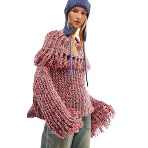 NWOT Free People FP One Kinsley Fringe Cowlneck Sweater in Pink Combo